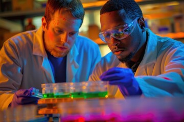 Poster - Two scientists in lab coats studying a mysterious green material, possibly for research or experimentation