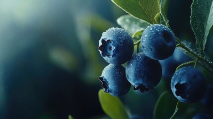 Close-up shot of ripe blueberries growing on a plant, ready for picking or consumption