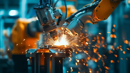Poster - robotic arms performing welding in a modern factory, creating sparks during an automated assembly pr