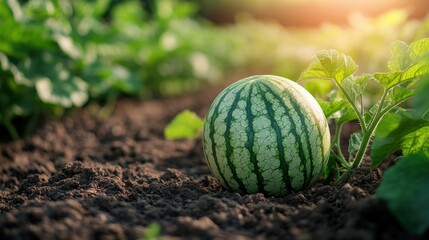 Watermelon growing in field with green vines, fresh summer fruit, organic farming, nature agriculture, ripe melon on soil, countryside gardening, healthy produce, sunlight