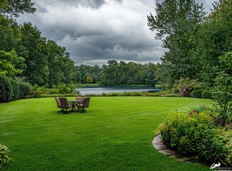 Wall Mural - Overcast day landscape photo of a backyard with green grass and cerulean water elements.