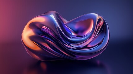 Poster - A vibrant, twisting abstract sculpture with fluid curves and a shiny surface, illuminated with purple and orange hues in a contemporary setting