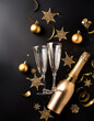 © Loliruri - Flat lay of a festive new year celebration setting with a champagne bottle, two glasses, and golden decorations on a dark background