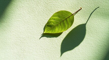 Poster - a single green leaf rests on a white wall, creating a simple yet striking image
