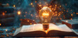 © visoot - A radiant lightbulb floating above an open book with glowing symbols and pathways emerging.