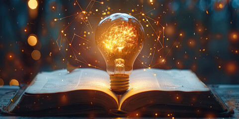 A radiant lightbulb floating above an open book with glowing symbols and pathways emerging.