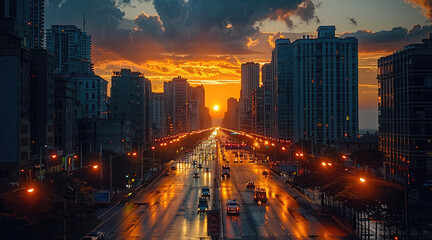Aufkleber - A city at sunset, street, Long street in a modern city with skyscrapers.