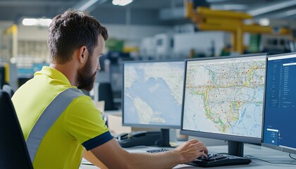 Poster - A man in a yellow shirt monitors multiple screens displaying maps, likely in a logistics or operations control center.