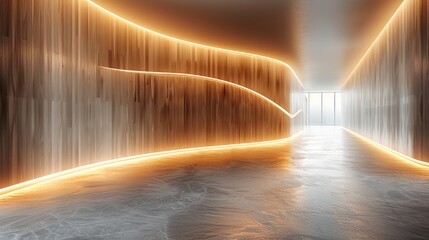 Aufkleber - Empty room. The walls are made from light wood with a white ceiling and floor. The room is large and has a curved corner. The lighting in the space creates soft shadows on one side of the room.