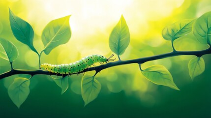 Poster - Green Caterpillar on Leafy Branch in Soft Light