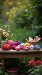 Poster - A basket of colorful yarn sits on a table next to a knitted blanket
