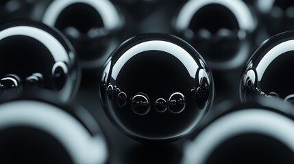 Poster - Shiny black spheres arranged in a pattern with reflections capturing light in a dimly lit environment