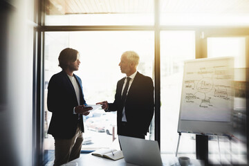 Poster - Tablet, man and mentor with business people in meeting for financial, planning and company valuation. Investment report, asset management and budget portfolio with employees in office