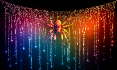 A colorful spider is on a web of colorful beads. The spider is surrounded by a rainbow of beads, creating a vibrant and playful atmosphere