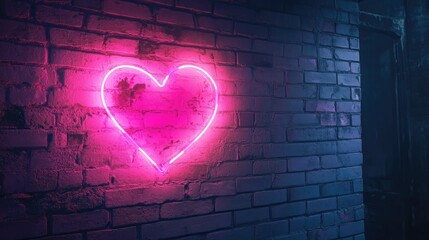 Wall Mural - Neon Heart on Brick Wall with Pink Glow