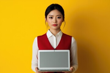 Poster - a person working on a laptop outdoors, wearing a red vest