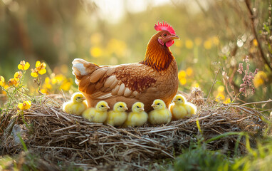 A mother chicken sits on a nest with her four chicks. Concept of warmth and family, as the mother hen is taking care of her young. The yellow flowers in the background add a touch of color