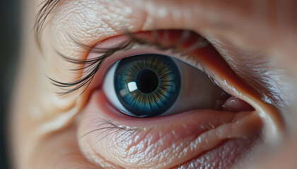 Extreme close up footage of an human eye. Macro footage of an eye of an elderly female isolated with white shades, png