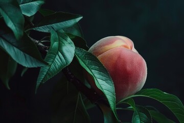 A ripe peach sits on a branch surrounded by lush green leaves, ready to be picked