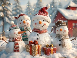 A group of cheerful snowmen family, wearing scarves and hats, stand in the snowy field with gifts in their hands, surrounded by trees and red barns.