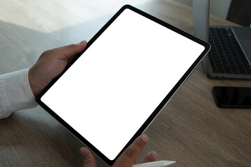 Poster - man hand holding digital tablet replaces your design mockup empty space for logo or text