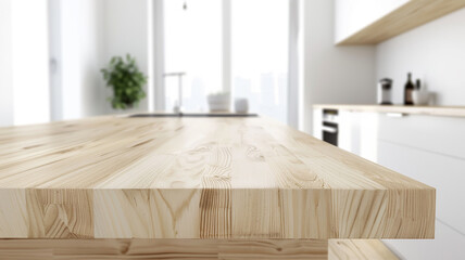 wood slab countertop in a bright kitchen, background copy space interior