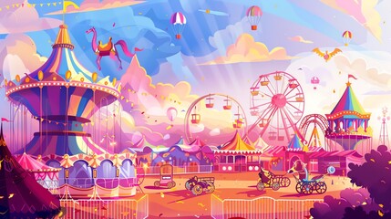 a colorful cartoon illustration of an amusement park.