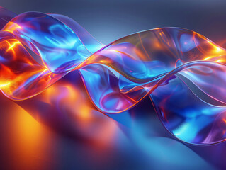 Poster - A vibrant abstract composition featuring colorful translucent waves flowing in shades of blue and orange, creating a dynamic visual effect against a soft background.
