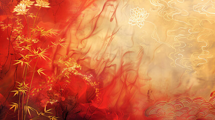 Poster - An artistic digital illustration combining flowing red and gold elements with floral motifs and abstract patterns, creating a warm ambiance for art.