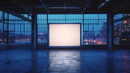 Poster - An industrial interior scene featuring a large blank screen against a backdrop of large windows, illuminated by city lights for architecture.
