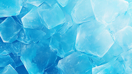 Poster - A close-up image of crystal-clear ice cubes piled together, showcasing their translucent blue color and sharp edges against a light background for food.