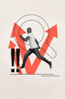 © deagreez - Vertical photo collage of excited american man run vacancy search icon lens arrow development progress isolated on painted background
