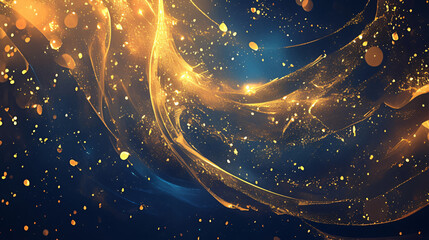 Poster - An abstract digital artwork featuring swirling golden particles against a dark blue background, creating a sense of depth and movement for art.