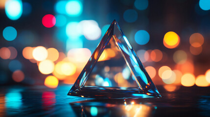Poster - A crystal-clear glass prism positioned on a reflective surface, surrounded by colorful bokeh lights, creating a mesmerizing and vibrant visual effect for design.