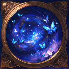 Poster - A magical illustration featuring vibrant butterflies swirling in a cosmic backdrop filled with stars and galaxies, framed beautifully for fantasy art.
