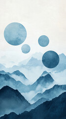 Poster - An abstract landscape featuring layered mountains in varying shades of blue, with round shapes floating above, creating a dreamy and calming atmosphere for art.