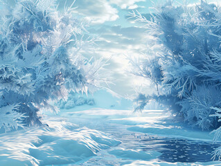 Poster - A beautiful winter scene with a frozen river surrounded by snow-laden trees, capturing the serene and magical essence of the winter season for landscapes.