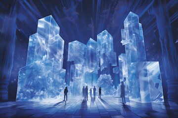 Poster - A group of people exploring a stunning ice crystal landscape at twilight