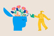 © Stranger Man - Mental health. Woman watering flowers in head. Psychotherapy concept. Colorful vector illustration