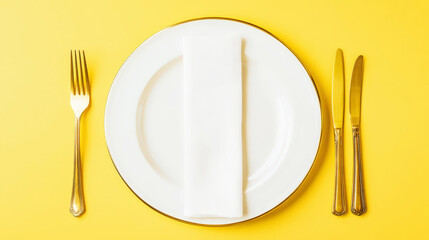 Wall Mural - Minimalist served white plate with golden fork and knife, copy space, yellow background. Generative AI