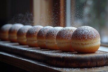 Wall Mural - A Row of Powdered Doughnuts on a Wooden Cutting Board