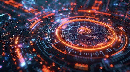 Poster - futuristic head up display - hud - interface showcasing complex data analysis with glowing orange an