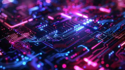 Poster - A close-up view of a vibrant circuit board with neon lights, highlighting the intricate connections and technology for technology.