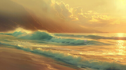 Poster - A tranquil beach scene capturing soft waves gently crashing on the sandy shore, under a warm golden glow during sunset, evoking a sense of calm and relaxation.
