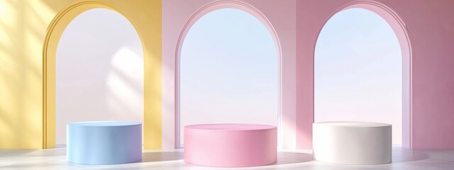 Poster - Stylish pastel-colored circular podiums in an arched, softly lit interior showcasing contemporary design concepts
