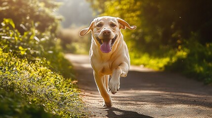 A happy Labrador Retriever running on a sunlit path in a lush green forest. The dog appears joyful and energetic- with its tongue out and ears flapping