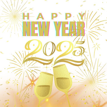 Happy New Year 2025 Celebration Design Festive Background Golden Text and New Years Eve Graphic