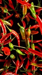 Poster - Super Slow Motion of Flying Colored Chilli Peppers. Black Background. Filmed on High Speed Cinema Camera, 1000 fps. Vertical Aspect Ratio.