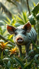 Wall Mural - A striped pig stands in a lush tropical garden, its snout pointed at the camera