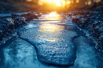 Poster - Close-Up of a Stream of Water Flowing Through a Muddy Path in the Sunset